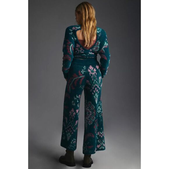 Daily Practice By Anthropologie Women's Floral Cozy Flared Pants Teal Large - Picture 3 of 7